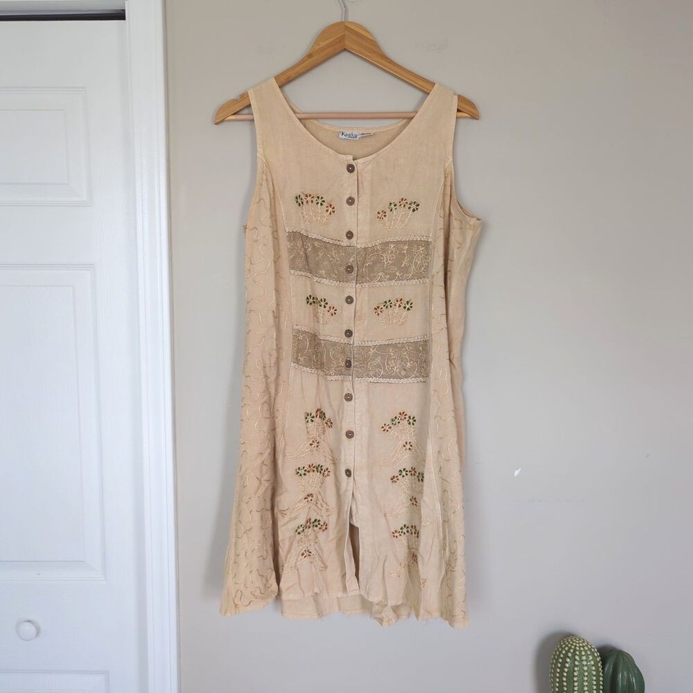 Kaaku Tan Floral Full Button Sleeveless Tunic Dress Wood Button Rayon Lagenlook